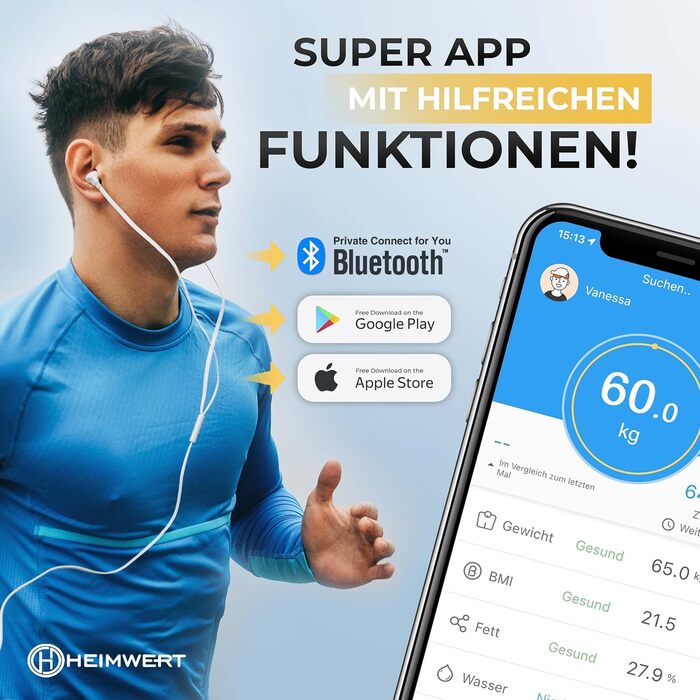 HEIMWERT Розумна вага для аналізу складу тіла з Bluetooth, USB-акумулятором, цифрова, тестована, переможець тесту, вага для людей