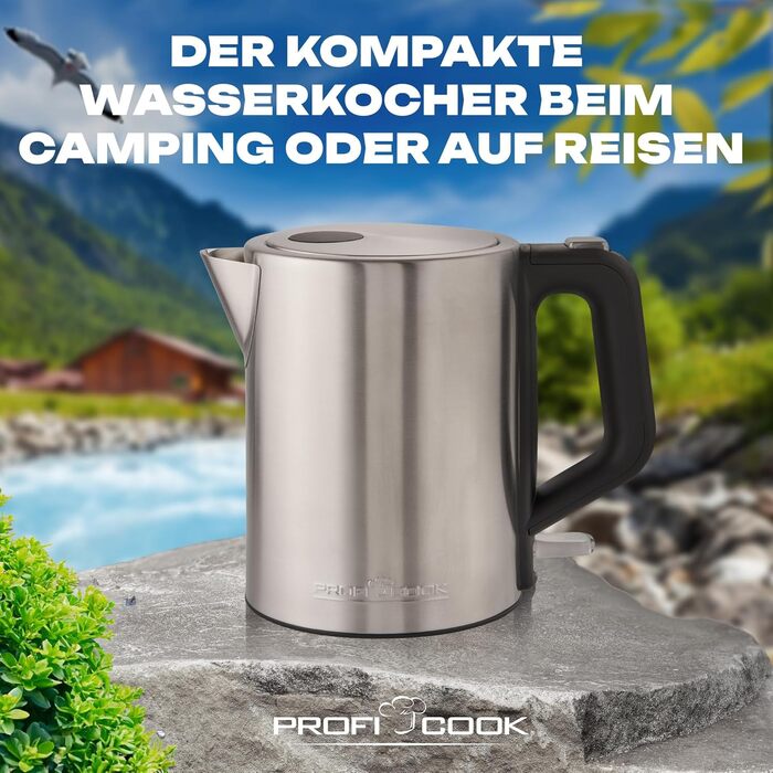 Електрочайник ProfiCook 1 л, нержавійка, 2200 Вт, компактний, BPA-free, одноручне керування, індикатор рівня води, модель PC-WKS 1106