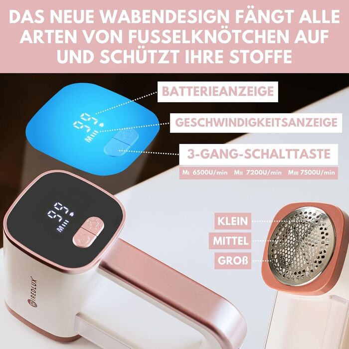 Електрична машинка для видалення кошлатання WiredLux, акумуляторна, для одягу та меблів, LED-підсвітка, 3 швидкості, 6-лезова, USB зарядка, подвійний захист, Мондійний камінь/Рожевий кварц