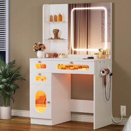 Косметичний стіл YITAHOME з LED підсвіткою, дзеркалом, 3 шухлядами, 2 полицями, регулюванням яскравості, білий
