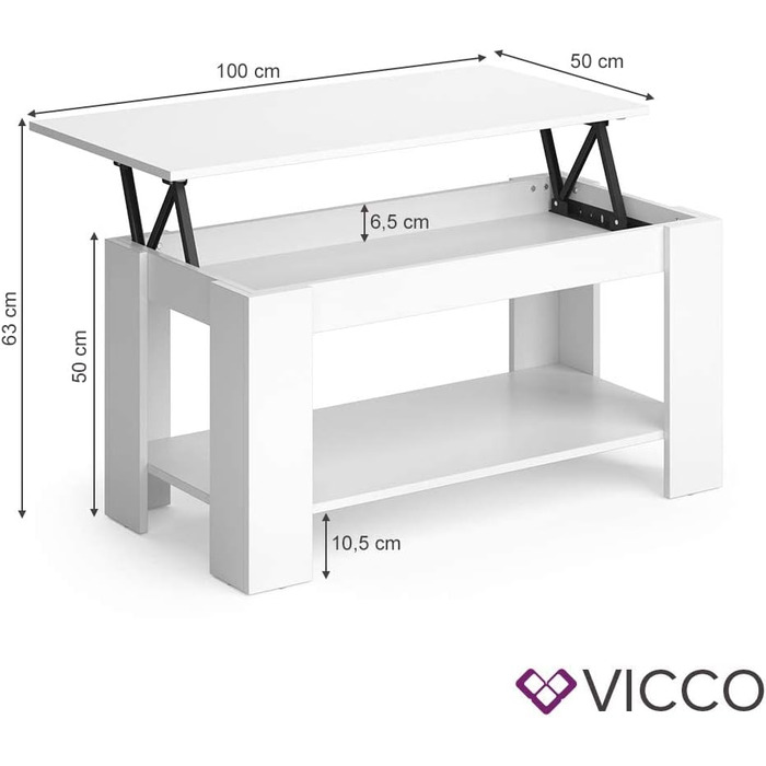 Журнальний стіл Vicco Lorenz білий 100x50 см з підйомним механізмом