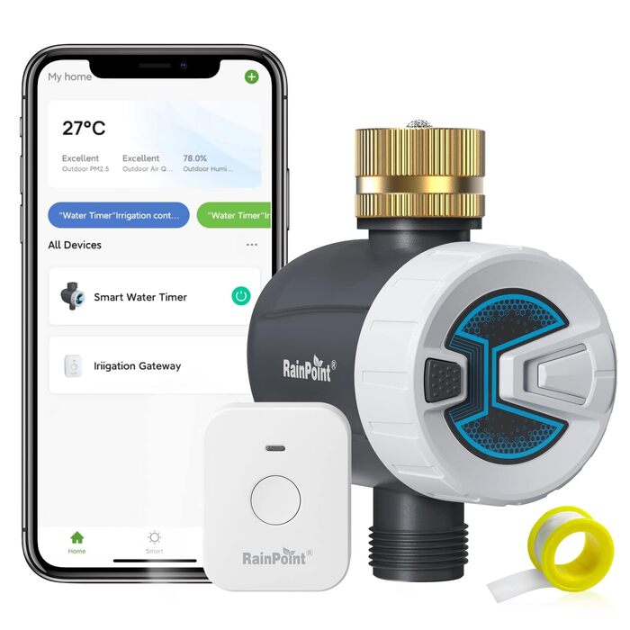 Таймер для поливу RainPoint WiFi, автоматична система поливу з латунним входом, режим циклу/замочування, керування через Smart APP (2.4 GHz WiFi/Bluetooth) для газону та саду