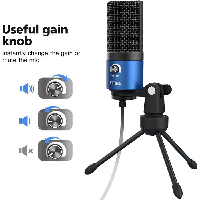 FIFINE USB мікрофон для ПК, Mac, PS4, PS5, студійний конденсаторний мікрофон для стрімінгу з підставкою, синій