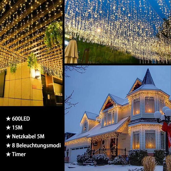 Світлодіодна гірлянда-завіса interGo Eisregen 15м, 600 LED, теплий білий колір, IP44 вологозахищена, 8 режимів з таймером для вулиці та дому