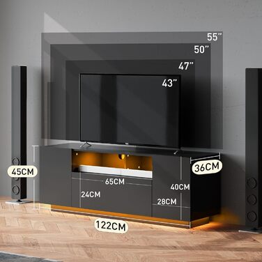 Тумба під телевізор WLIVE Schwarz 122x36x45 см, чорна глянцева з LED-підсвіткою та шафами