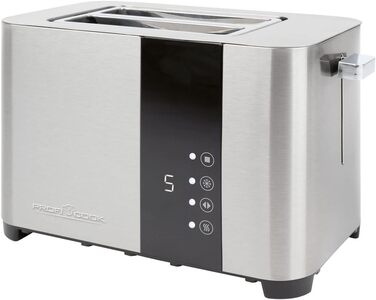 Тостер ProfiCook 2-складовий, нержавіюча сталь, 850 Вт, широкий слот, знімна насадка для булочок, 7 режимів підсмажування, сенсорне управління, лоток для крихт, PC-TA 1250
