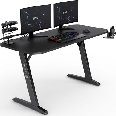 Ігровий стіл SENSE7 Nomad Basic 140x60 см, комп'ютерний стіл з гачком для навушників, підстаканником, тримачем для контролера, ергономічний, карбонова поверхня