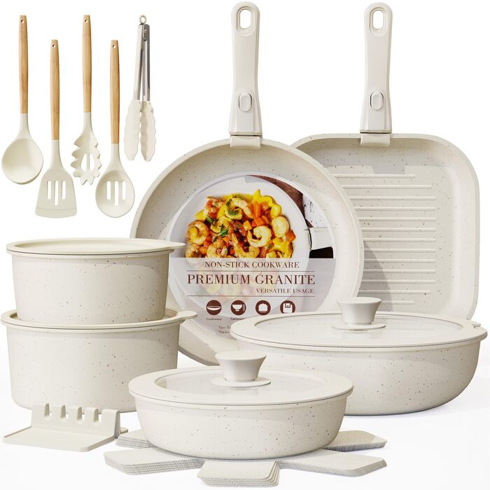 Набір посуду Astercook 21 предмет, кераміка, антипригарне покриття, знімні ручки, для індукції, кремово-білий