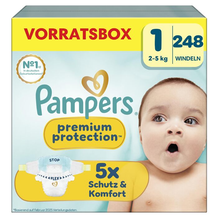 Підгузки Pampers Premium Protection розмір 1 (2-5 кг), підгузки на липучках, велика упаковка 248 шт.