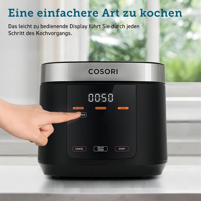 Мультиварка-рисоварка COSORI 5 л з 17 програмами, Fuzzy Logic, пароварка з нержавіючою вставкою, книга рецептів, функція повільного приготування, преміальний внутрішній казан, підтримка тепла, таймер, чорна