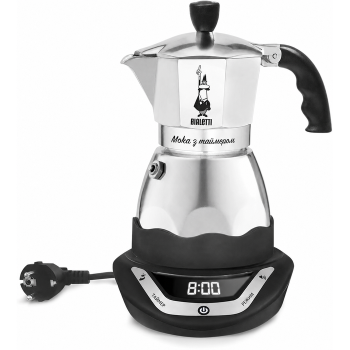 Електрична кавоварка Bialetti Moka з таймером, 6 чашок, 365 Вт, сріблясто-чорна