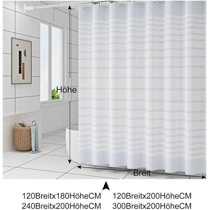 Білий душовий шторка PEVA 300x200 см XXL, антипліснява, смугаста, прана, для ванної, гуртожитків