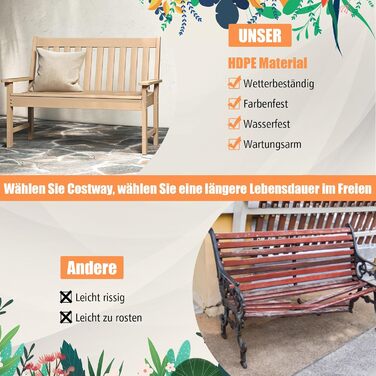 Садова лавка COSTWAY з HDPE, всепогодна, для 2-3 осіб, витримує до 320 кг, терасна лавка для саду, балкона та тераси, 132x65x91 см, колір тик