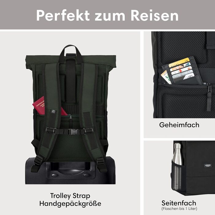 Рюкзак LARKSON Rolltop для жінок і чоловіків, водостійкий, з відділенням для ноутбука, для університету, роботи, подорожей і велосипеда, темно-зелений, універсальний розмір