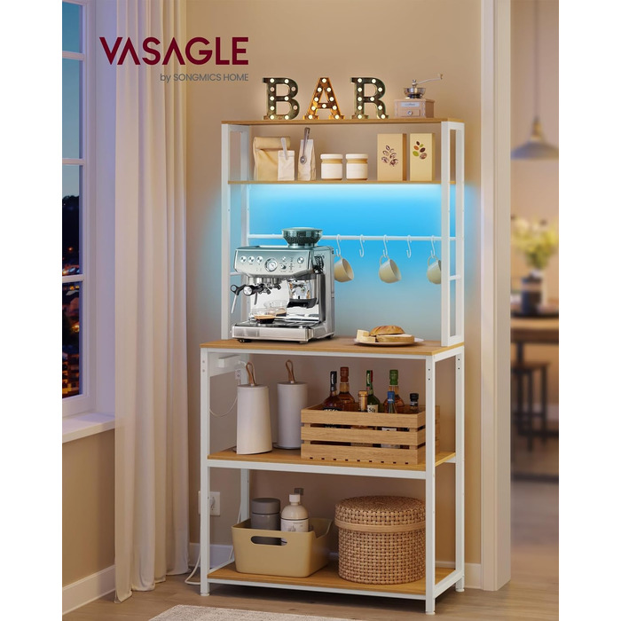Кухонний стелаж VASAGLE з LED-підсвіткою та розетками, полиця для мікрохвильової печі з регульованими полицями та 8 гачками, 40 x 80 x 168,4 см, колір золотий дуб та білий матовий