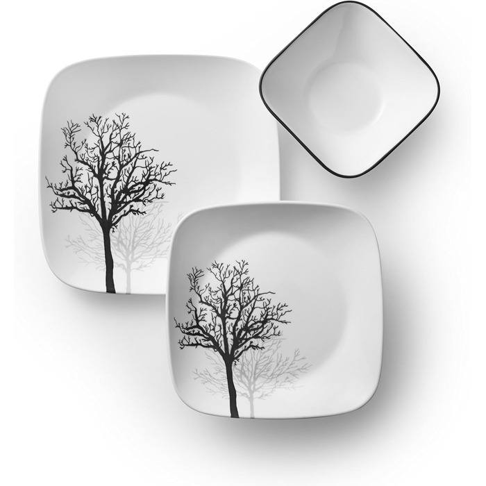 Набір посуду Corelle Timber Shadows 18 предметів, чорний і білий, для 6 персон, ударостійкий – квадратні тарілки 26 см, 17 см і миски 530 мл