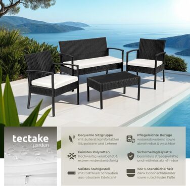 Садові меблі з поліратану tectake®, комплект: 2 крісла, лавка, стіл, чорний, вуличний набір для саду, тераси та балкона, стійкі до погодних умов