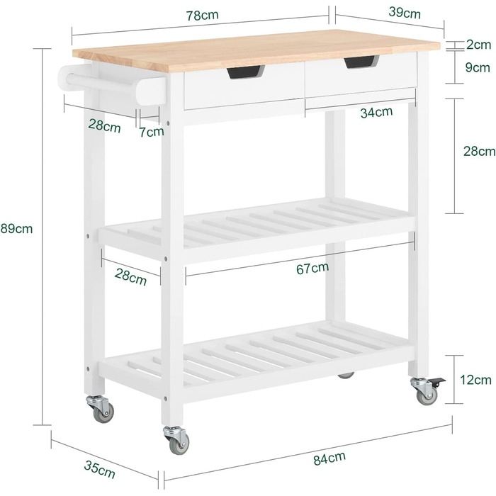 Кухонний візок SoBuy FKW68-WN з 2 шухлядами та полицями, білий, 85x90x39 см – сервірувальний роликовий шафа-сайдборд