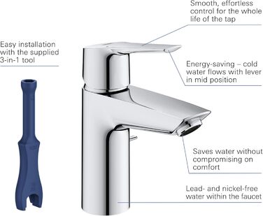 Змішувач для ванної кімнати Grohe Start, економічний, з холодною водою в середньому положенні, з поп-ап зливом, 19 см, хром, 3in1 інструмент, 23746002