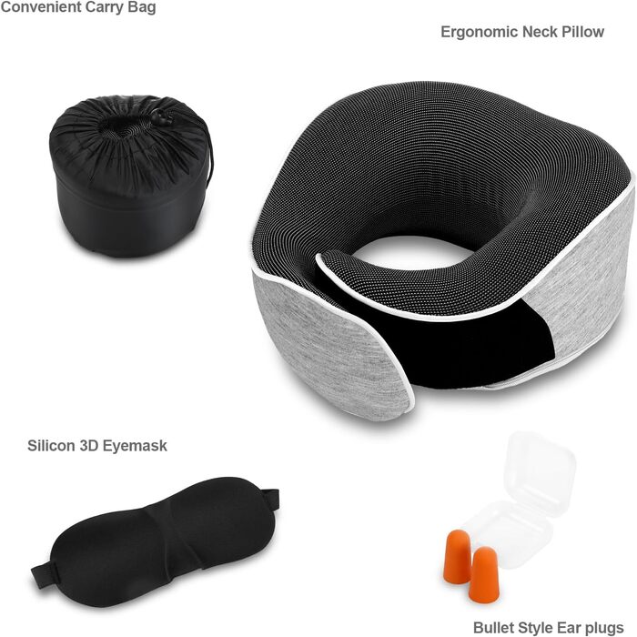 Ергономічна подушка для шиї Collazoey з ефектом пам'яті (Memory Foam) для подорожей, набір з маскою для сну, берушами та сумкою для зберігання, світло-сіра