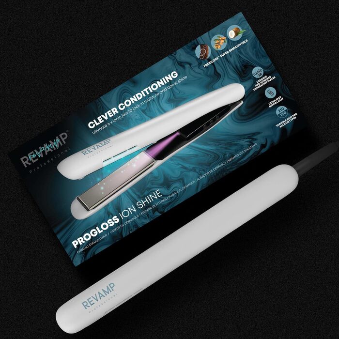 Керамічний випрямляч для волосся Revamp Progloss Ion Shine з іонною технологією, інфрачервоним нагрівом, збагачений кератином, аргановою та кокосовою олією, регулювання температури, білий