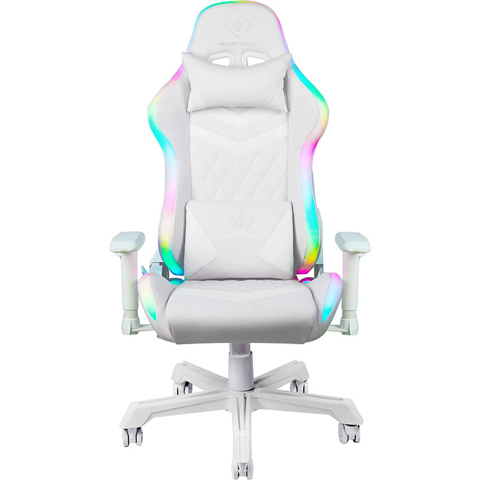 Ігрове крісло DELTACO GAMING PCH90 з RGB підсвіткою, ергономічне, екошкіра, подушки для попереку та шиї, рожеве