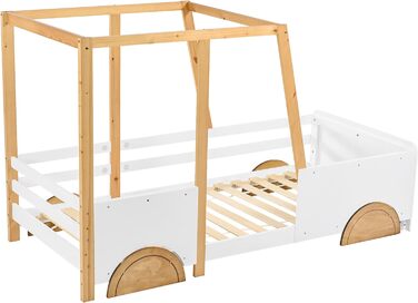 Дитяче ліжко-машинка Merax 90x200 см, з бортиками, ламелі, МДФ-колеса, каркас з сосни, біле + натуральне дерево, для хлопчиків і дівчаток