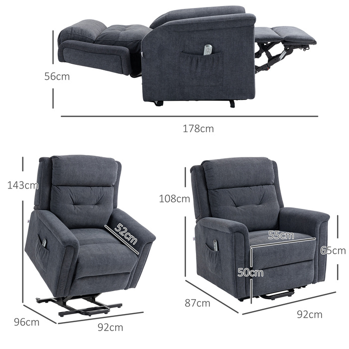 HOMCOM Recliner Електричний реклайнер Функція відкидання Старший реклайнер Бічна сумка Темно-сірий