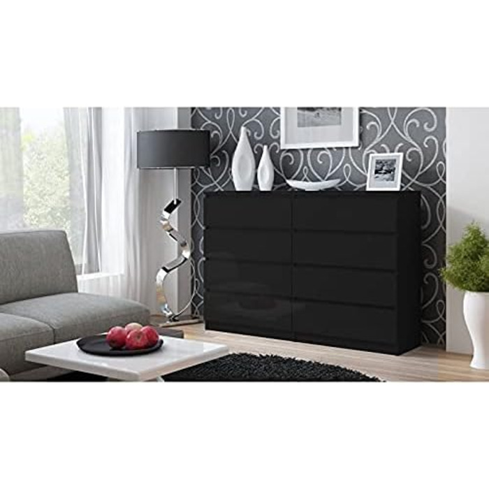 Комод 3E 3xEliving з 8 шухлядами, 120 см, чорний глянець, 4 кольори