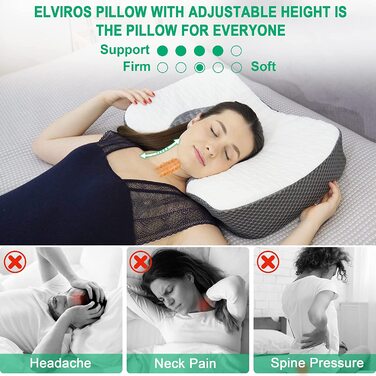 Ортопедична подушка Elviros з піни Memory Foam для шиї та плечей, ергономічна подушка проти хропіння, для сну на боці, темно-сіра 60x38,6x9,9/13,5 см