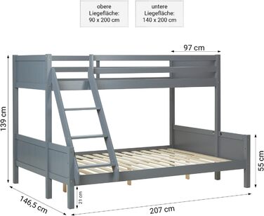 Дитяче двоярусне ліжко Homestyle4u 1898 для 2 дітей 90x200 і 140x200, біле, дерев'яний каркас з сосни, з ламелями, без матраца