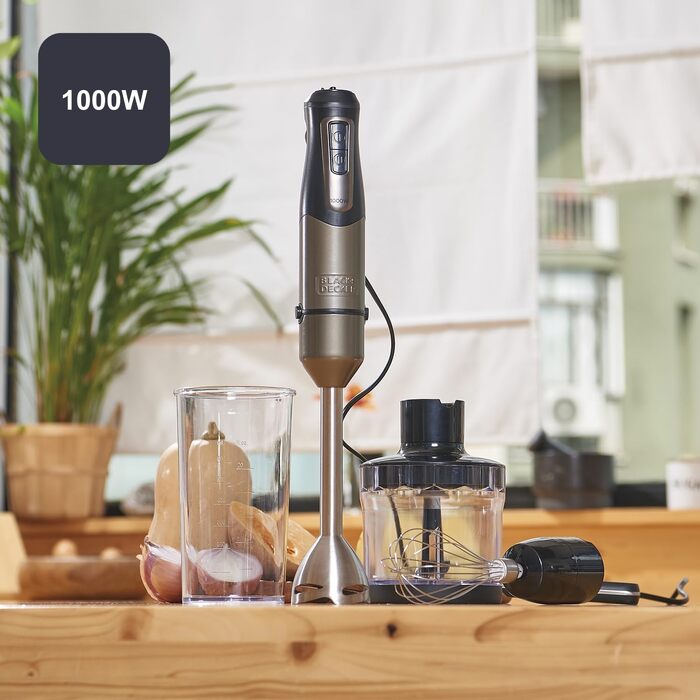 Блендер занурювальний BLACK+DECKER BXHBA1000E 3-в-1, 1000 Вт, 20 швидкостей + турбо, нержавіюча сталь, чорний