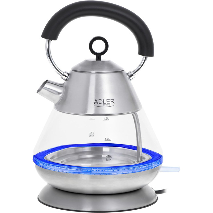 Електричний чайник Adler AD 1282 скляний 1,5 л, підсвітка, бездротовий, BPA-free, автоматичне вимкнення, 2200 Вт, вінтажний дизайн, прозорий/сталь
