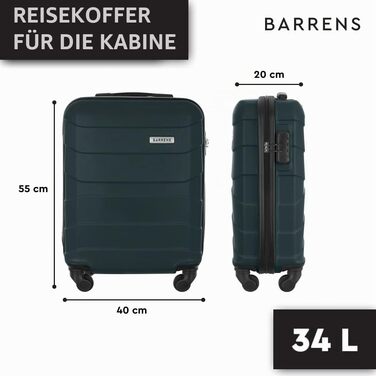Валіза для ручної поклажі BARRENS 55x40x20 см, жорстка ручна валіза Cabin Size з 4 колесами, кодовим замком та телескопічною ручкою, легка (Зелена)