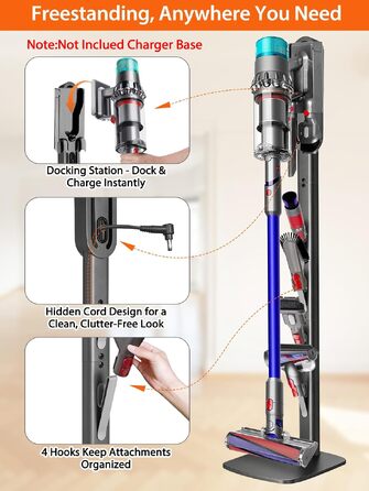 Підставка для пилососа Dyson Gen5, V16, V15, V12, V11, V10, V8, V7, V6 — металева стійка без свердління, 4 гачки для аксесуарів, темно-сіра