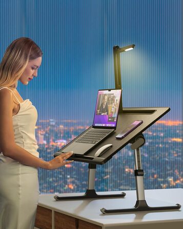 Стіл для ноутбука та ліжка SAIJI з LED-лампою, регульований по висоті і куту, з підставкою для книг, шухлядою, стопером для ноутбука, слотом для планшета, санчатими ніжками