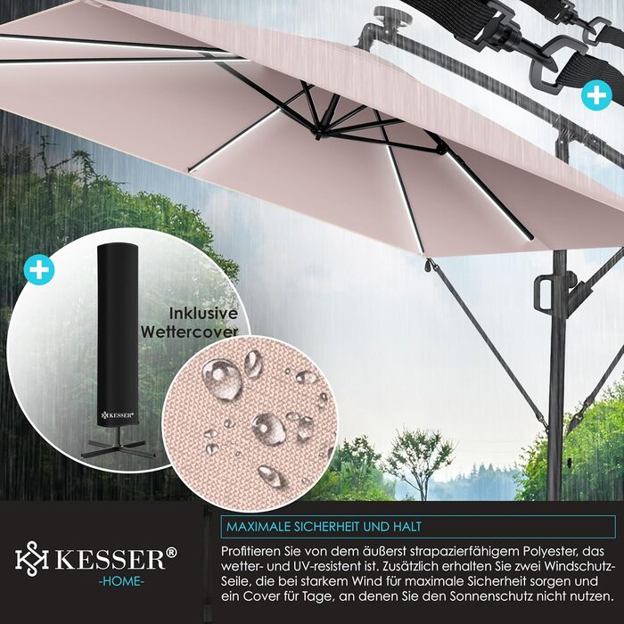 Сонцезахисна парасоля KESSER Holly прямокутна з LED-підсвіткою на сонячних батареях, алюмінієва, водовідштовхувальна, з чохлом і захистом від вітру, з ручкою-крутилкою, UV-захист, 350 см, колір таупе