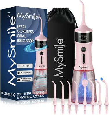 Портативна ірригатор MySmile LP221 UVC з бездротовим живленням, 335 мл, OLED-дисплей, 4 режими, 8 насадок, сумка для дому та подорожей (Соковитий Рожевий)