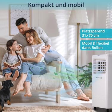 Мобільний кондиціонер Könighaus 7000 BTU для кімнат до 20 м²: 4-в-1 (охолодження, осушення, вентилятор, очищення повітря) з пультом та керуванням через додаток, енергоефективний (A)