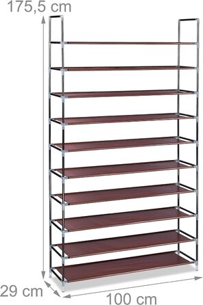Стелаж для взуття Relaxdays з тканини, 10 ярусів, 175,5x100x29 см, для 50 пар, бордовий, збірний, XXL