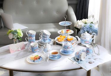 Чашка та блюдце з порцеляни Shabby Chic Vintage, з птахом, метеликом і квітами, подарункова коробка (рожево-блакитна)