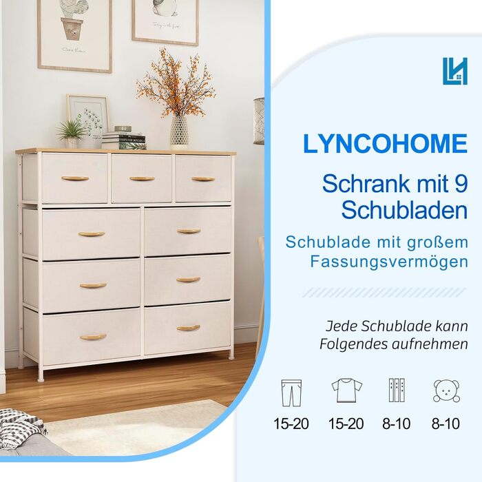 LYNCOHOME комод з тканинними шухлядами, 9 секцій, для вітальні, спальні, коридору, кухні, офісу, бежевий