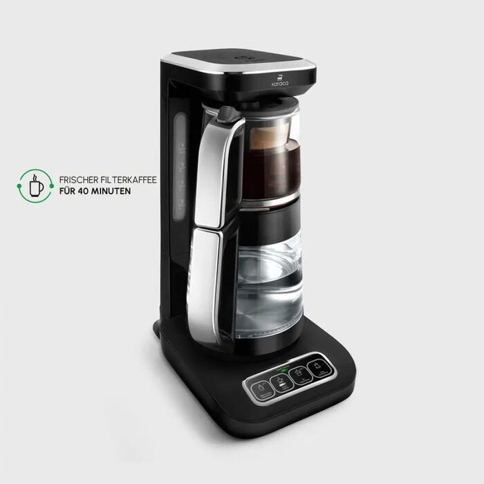 Чайоварка-робот Karaca Çaysever Pro 4-в-1: чайник, фільтр-кавоварка, 2500W, чорний/хром, з індикатором свіжості та голосовими підказками, об'єм 0,8 л (чайник) та 1,5 л (резервуар для води)