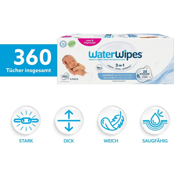 Дитячі вологі серветки WaterWipes Sensitive+ для новонароджених та чутливої шкіри, 99,9% води, 6 паків по 60 шт (загалом 360 шт)