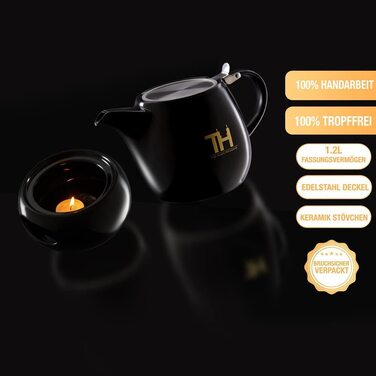 Чайник Thiru Design 1,2 л з порцеляни та кераміки, з нержавіючим ситечком, ручна робота, преміум, знімна сітка, нова кришка, модель 2023
