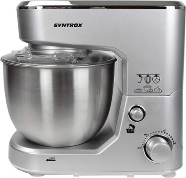 Кухонна машина Syntrox Germany з захисною кришкою, міксер-тестоміс, 5 л, нержавіюча сталь, срібляста