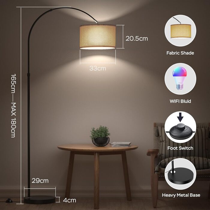 Розумна підлогова лампа Modlicht з RGB, сумісна з Alexa та Google Home, димована, Wi-Fi, зміна кольору, E27 9W, для вітальні та спальні, лляний абажур
