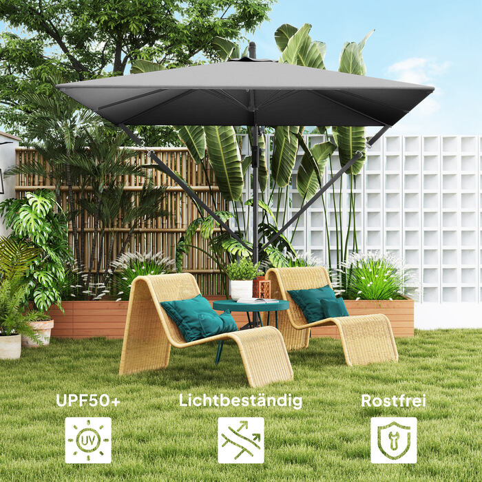 Парасолька Outsunny Centilever Ø260 см із захистом від ультрафіолету 50+ Водовідштовхувальна кривошипна парасолька з підставкою, чохлом, кривошипом, вітрозахисним склом, ринковою парасолькою Нахилена садова парасолька для балконного патіо сірого кольору