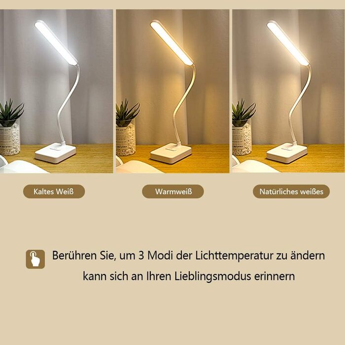 Бездротова LED лампа MAYTHANK для читання, настільна, акумулятор 2000 mAh, портативна, нічник для дітей, сенсорне керування, 3 кольори, димірується, висота 45 см