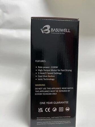 Професійний іонний фен для волосся Basuwell 2100Вт, салонний фен з інфрачервоним нагрівом, 3 режими нагріву, 2 швидкості, низький рівень шуму, AC-мотор, дифузор, чорний